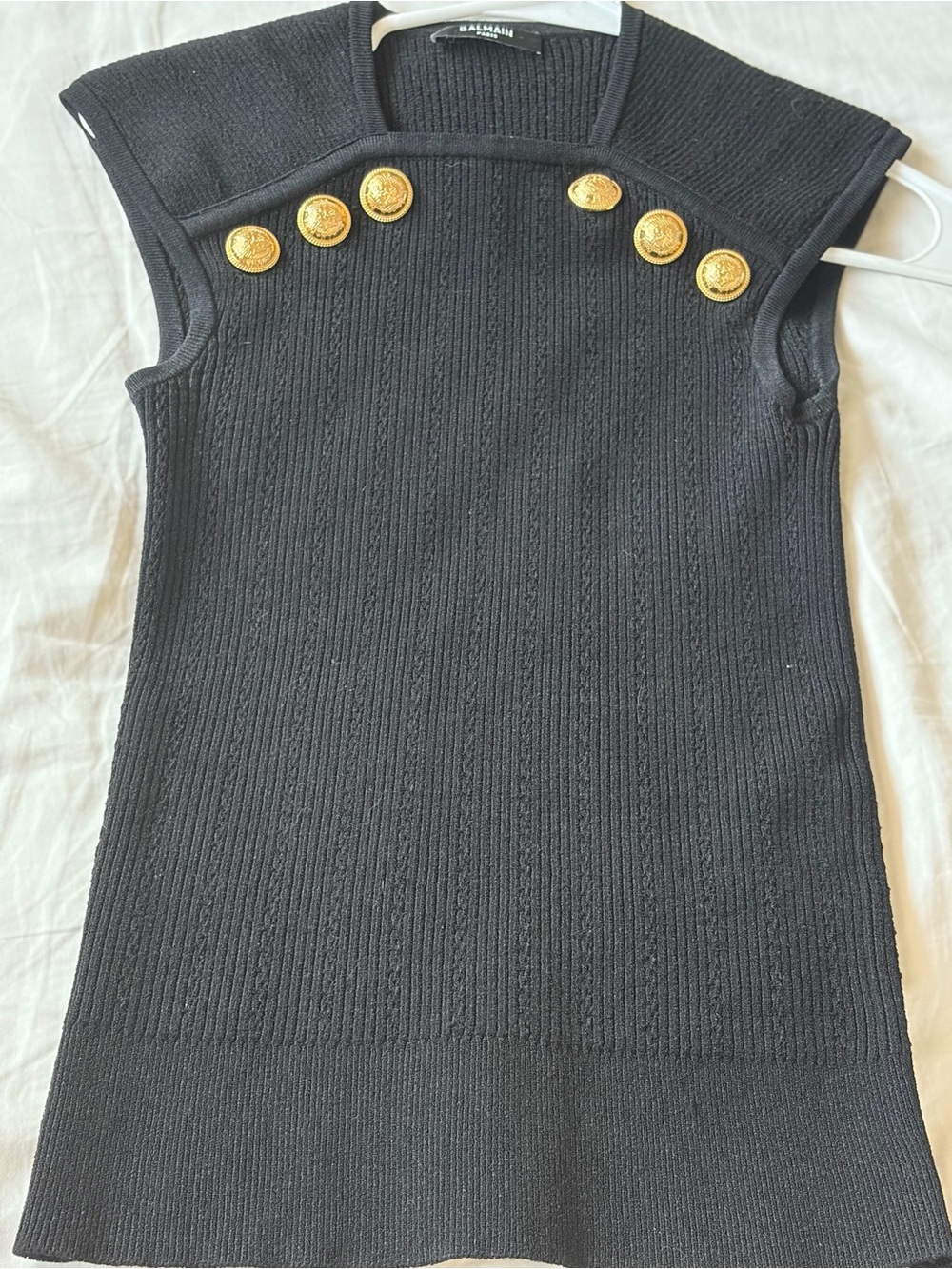 Balmain Black Ribbed Knit Sleeveless Top with Gold Medallion Buttons